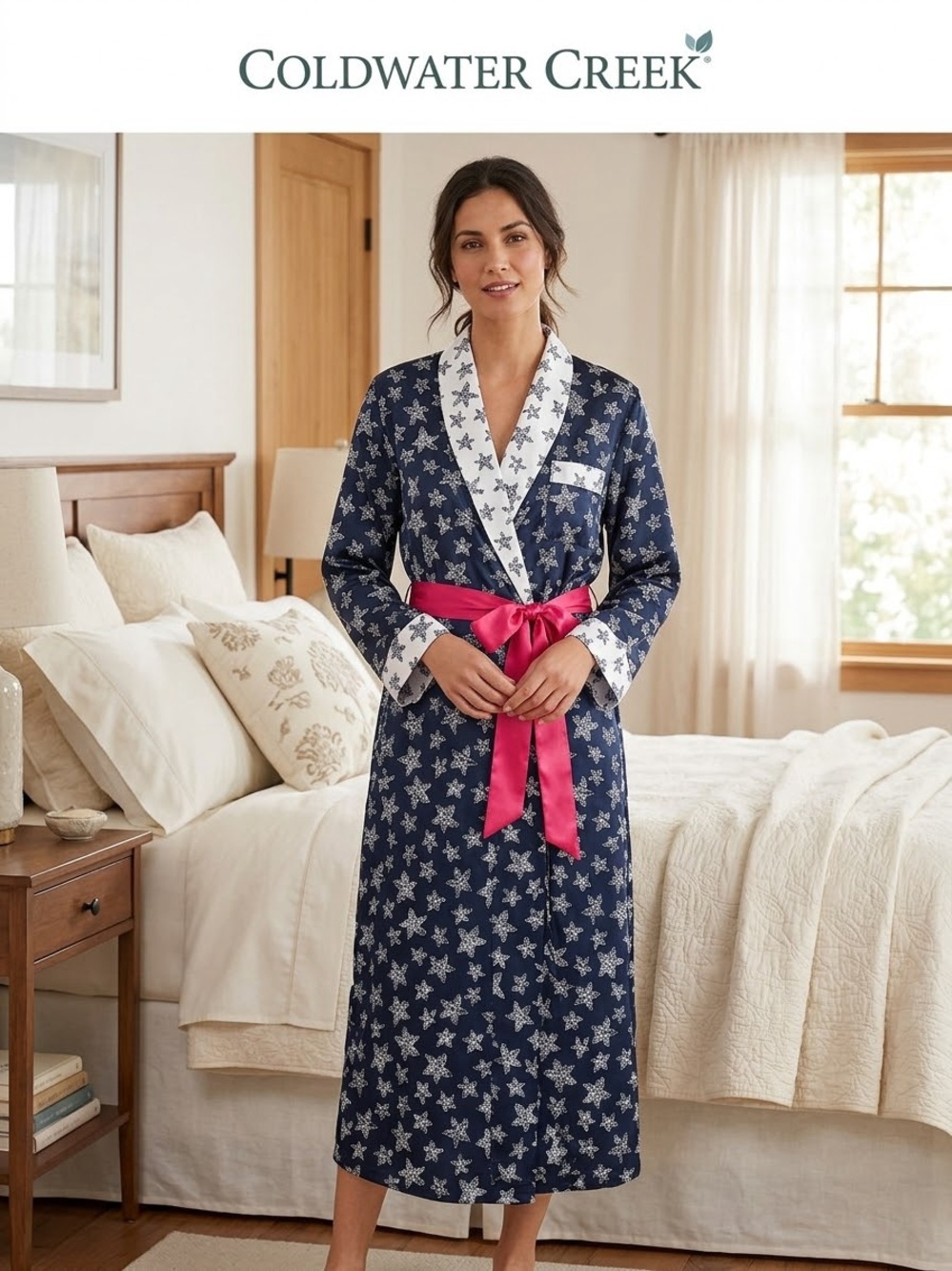 Coldwater Creek Navy Star-Print Cotton Robe with Pink Sash and White Trim